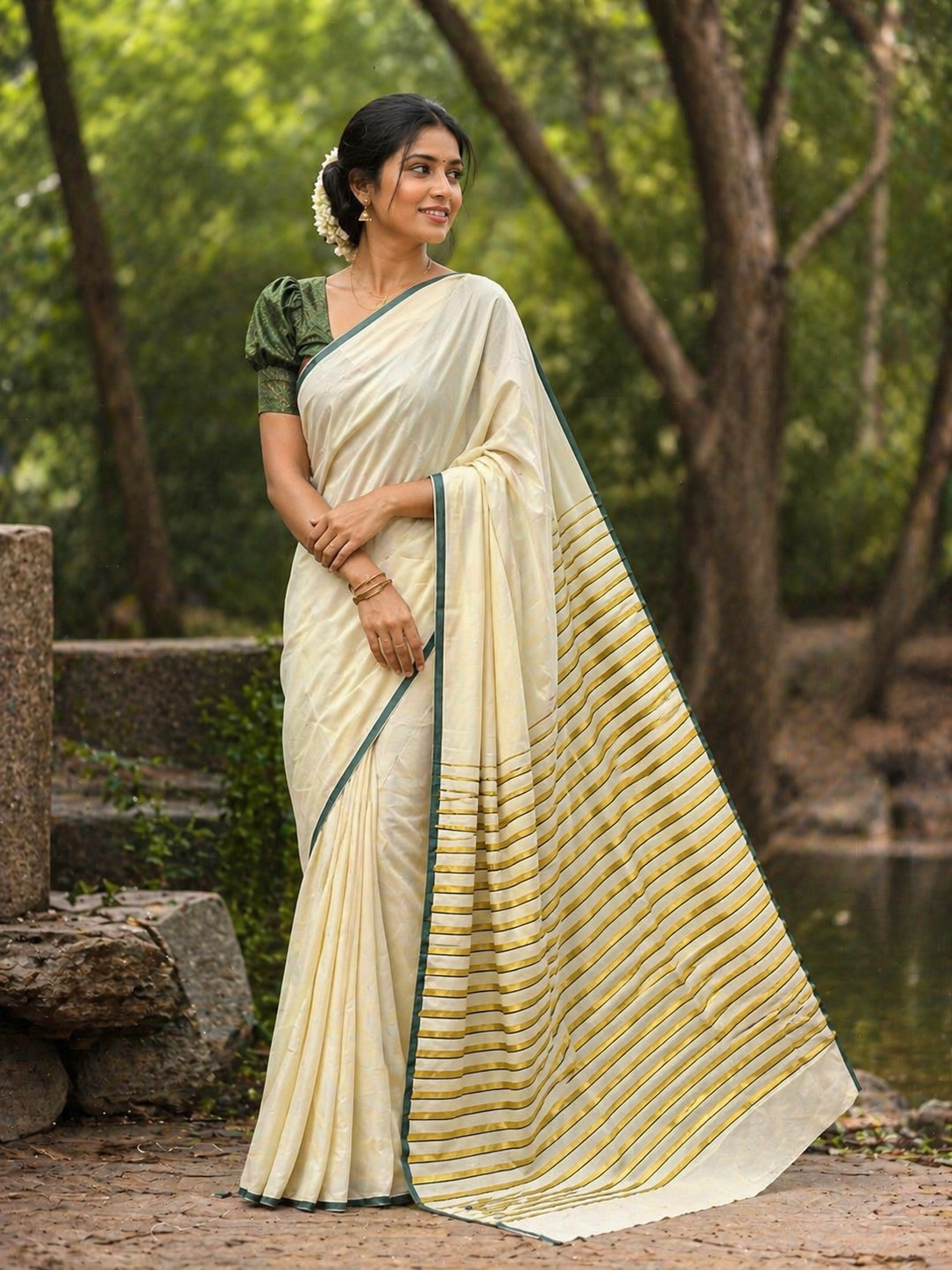 Southloom Puliyilakkara Green and Gold Kasavu Kerala Saree with Woven Blouse