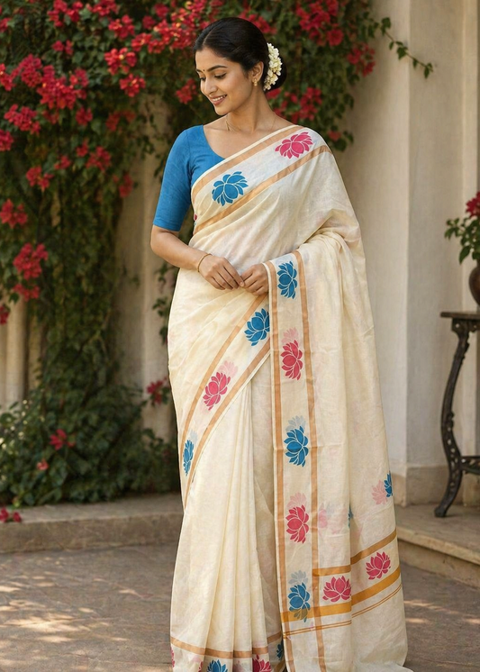 Kerala Cotton Saree with Pink and Turquoise Blue Lotus Print SLlotus