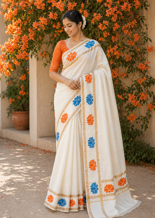 Kerala Cotton Saree with Blue and Orange Lotus Print SLlotus