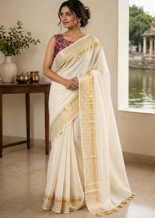 Kerala Mul Cotton Soft Fabric Saree In Golden Lines SL215