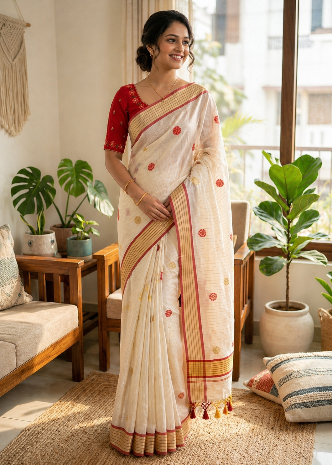 Kerala Tissue Lines Saree With Floral Embroidery Work on The Body SL312