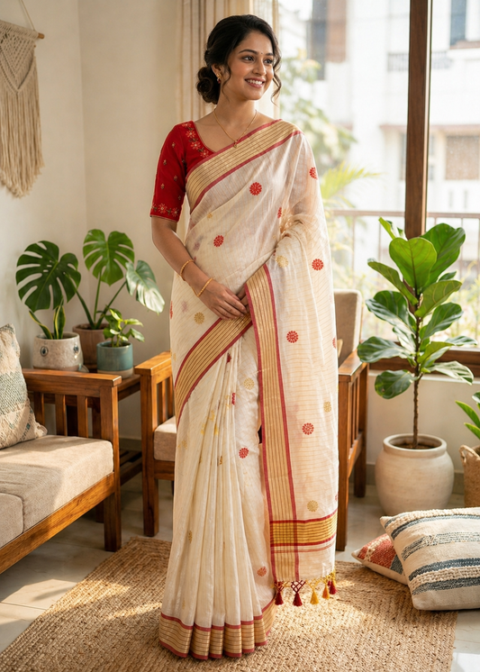 Kerala Tissue Lines Saree With Floral Embroidery Work on The Body SL312