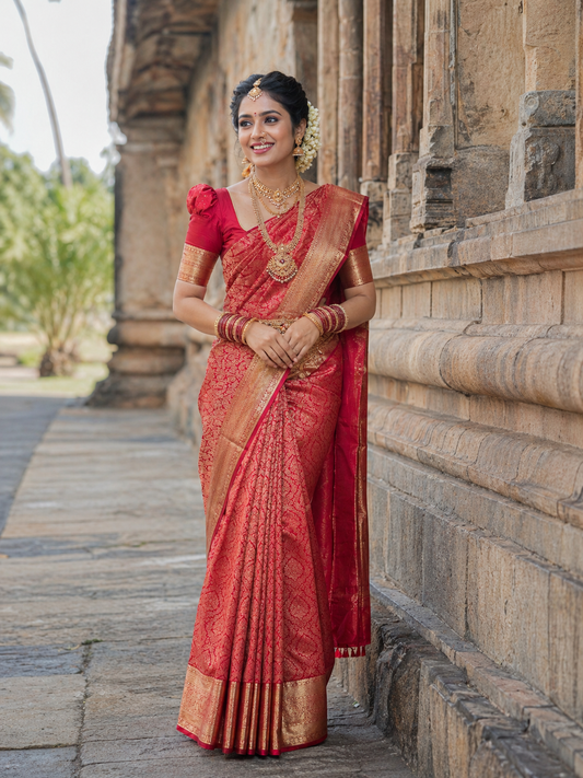 Southloom Pure Handloom Bridal Kanchipuram Silk Saree with Korvai Work (Red)