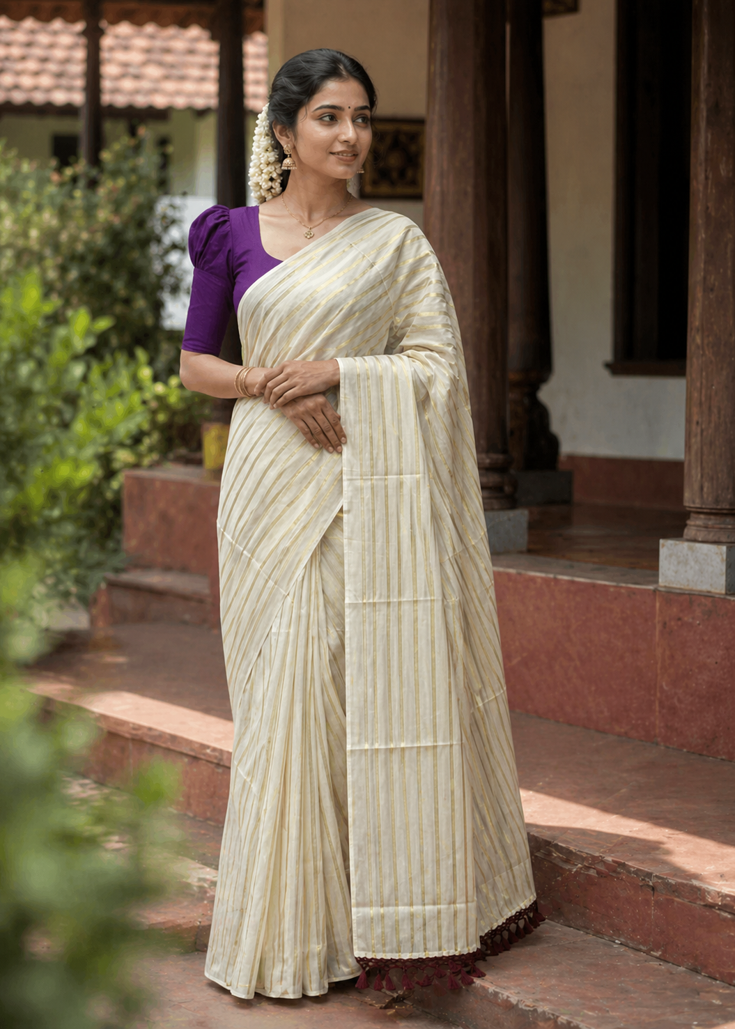 Southloom Cotton Kerala Kasavu Saree with Stripes on Body and Purple Tussels