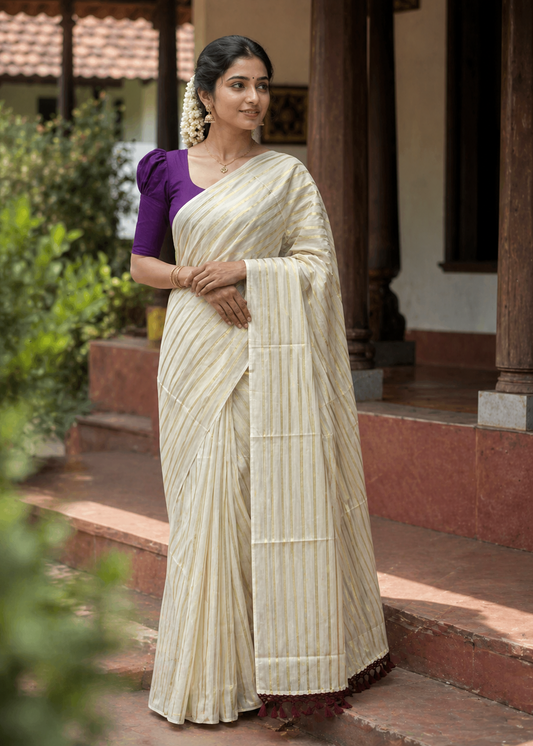 Southloom Cotton Kerala Kasavu Saree with Stripes on Body and Purple Tussels