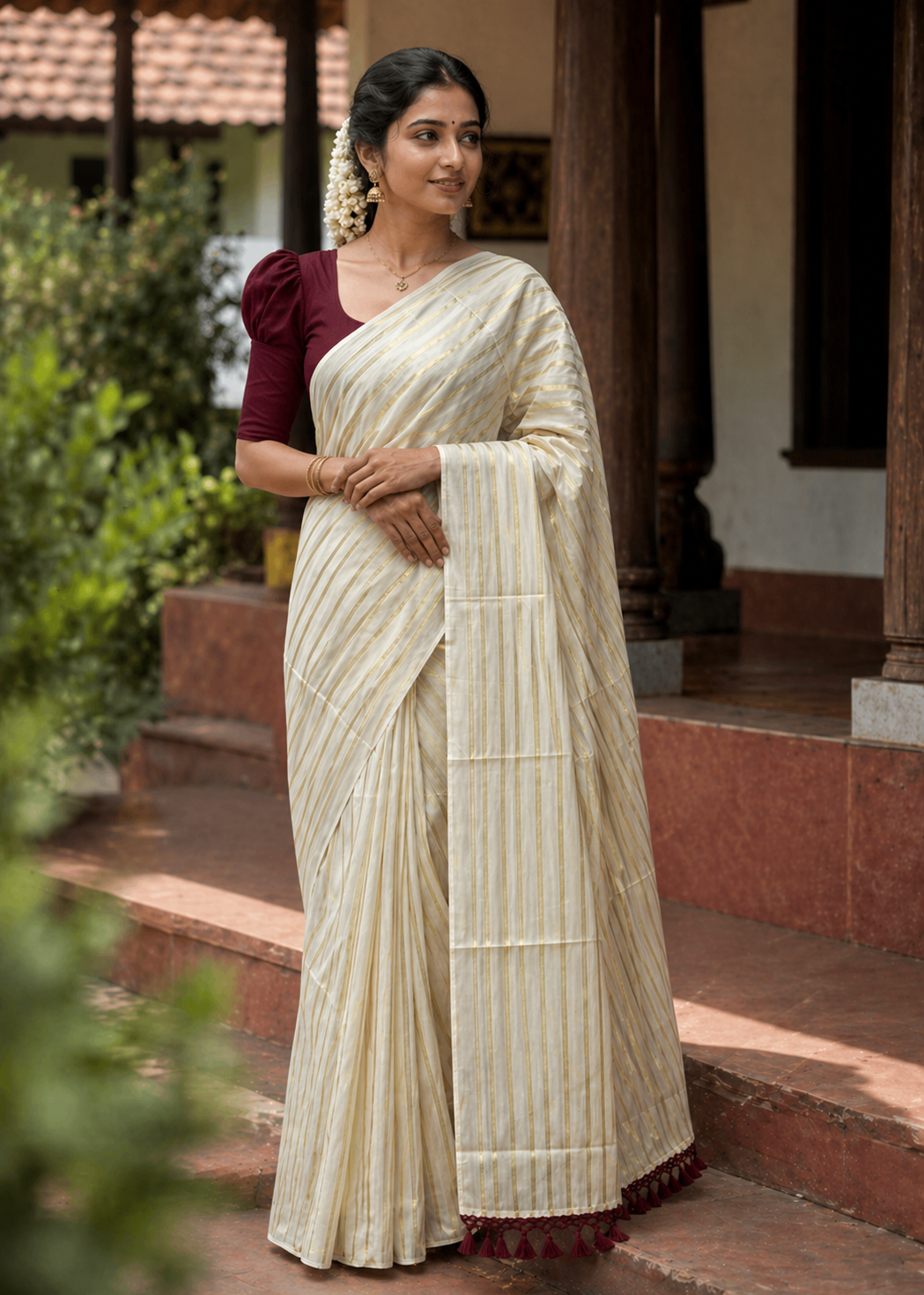 Southloom Cotton Kerala Kasavu Saree with Stripes on Body and Maroon Tussels