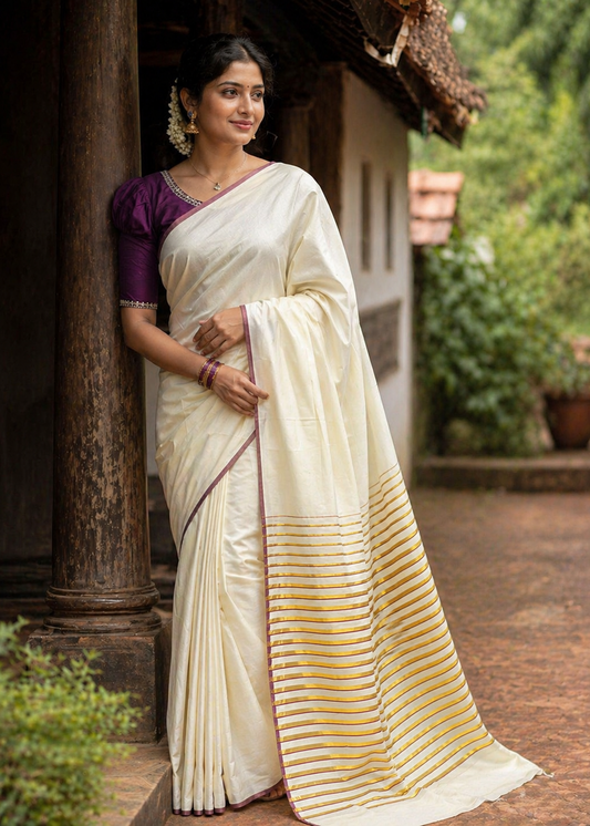 Southloom Puliyilakkara Purple and Gold Kasavu Kerala Saree with Woven Blouse