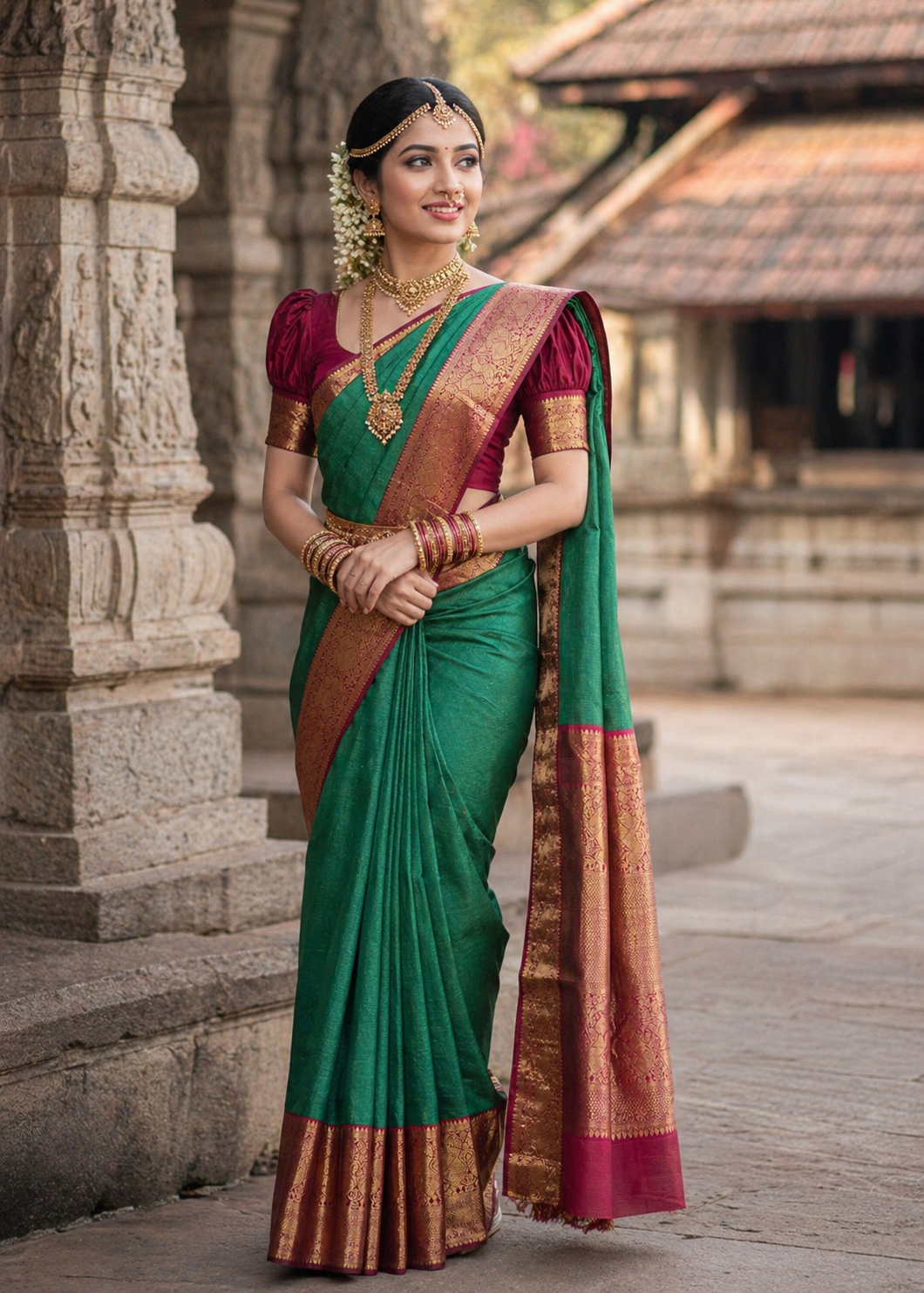 Southloom Premium Bridal Handloom Kanchipuram Silk Saree With Korvai Works (Green)