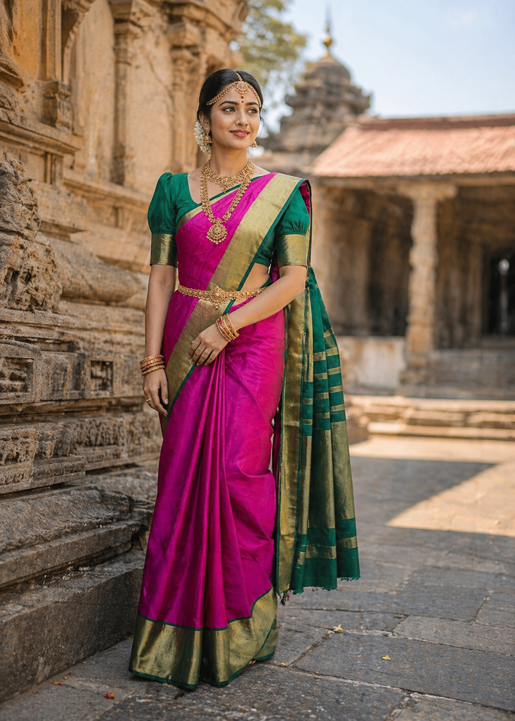 Southloom Premium Bridal Handloom Kanchipuram Silk Saree With Korvai Works (Magenta)