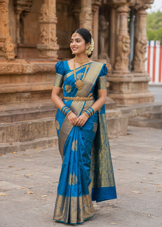 Southloom Premium Bridal Handloom Kanchipuram Silk Saree With Butta Works (Blue)