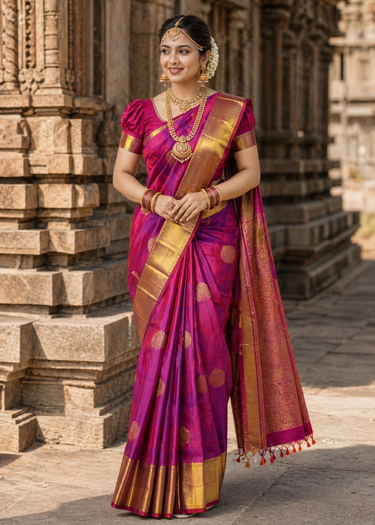 Southloom Premium Bridal Handloom Kanchipuram Silk Saree With Butta Works (Magenta)