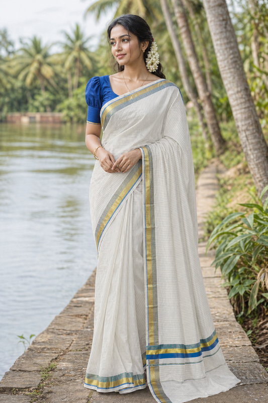 Southloom Pure Cotton Kerala Saree with Gold Kasavu Lines Across Body and Blue Border
