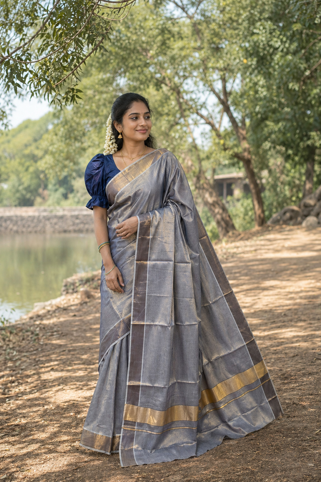 Southloom Kerala Tissue Blue Plain Saree With Golden Border