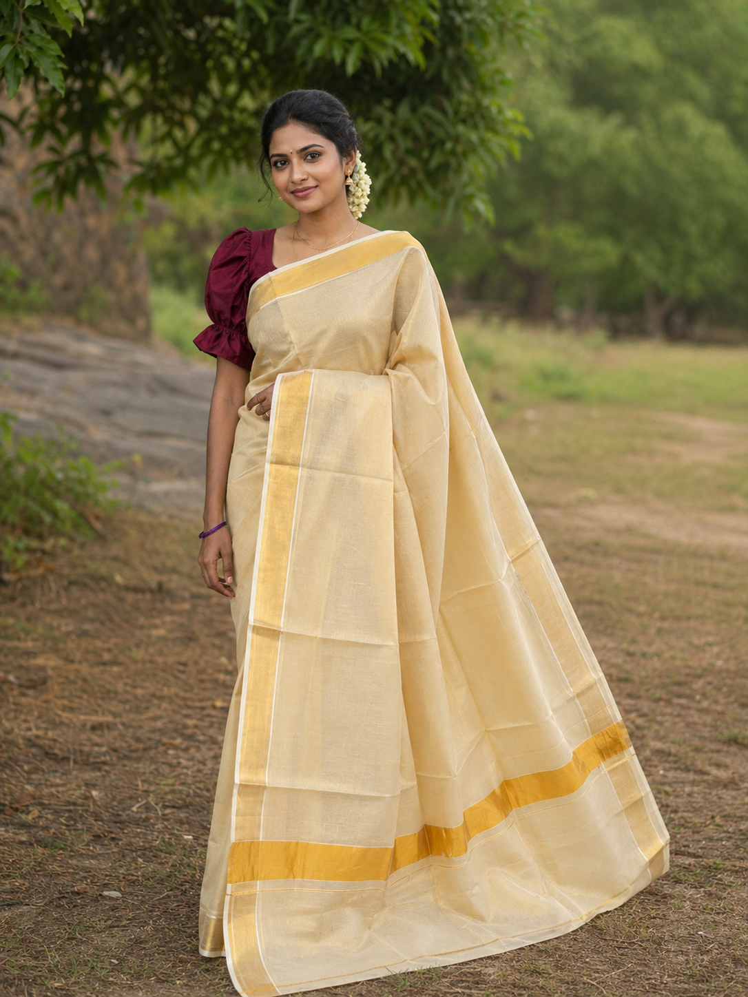 Southloom Kerala Tissue Kasavu Plain Saree With 3 Inch