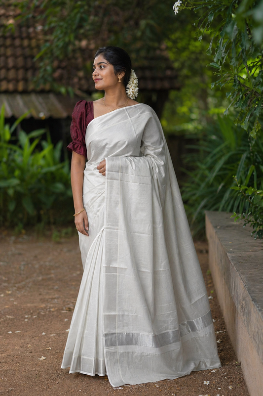 Southloom Kerala Tissue Silver Kasavu Saree