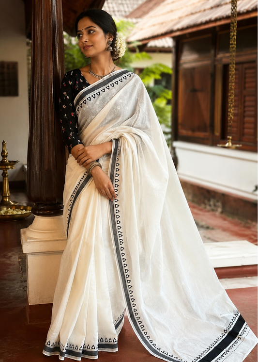 Southloom Kerala Cotton Temple Printed Saree With Black and Silver Border SL530