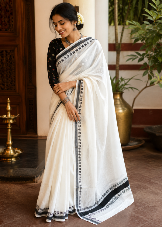 Southloom Kerala Cotton Printed Saree With Black and Silver Border SL530
