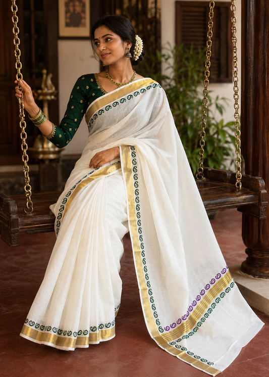 Kerala Cotton Printed Saree With Golden Kasavu Border SL531