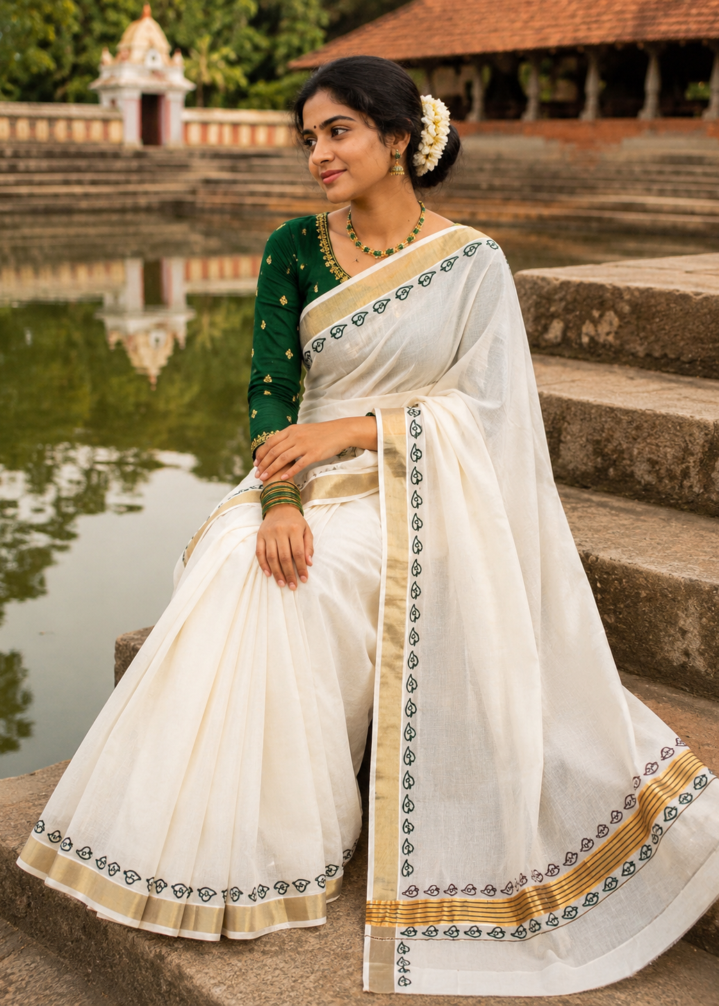 Kerala Cotton Printed Saree With Golden Kasavu Border SL531