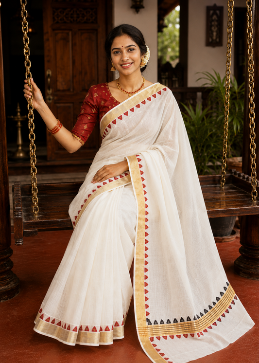 Kerala Cotton Temple Border With Golden Kasavu  Saree SL531