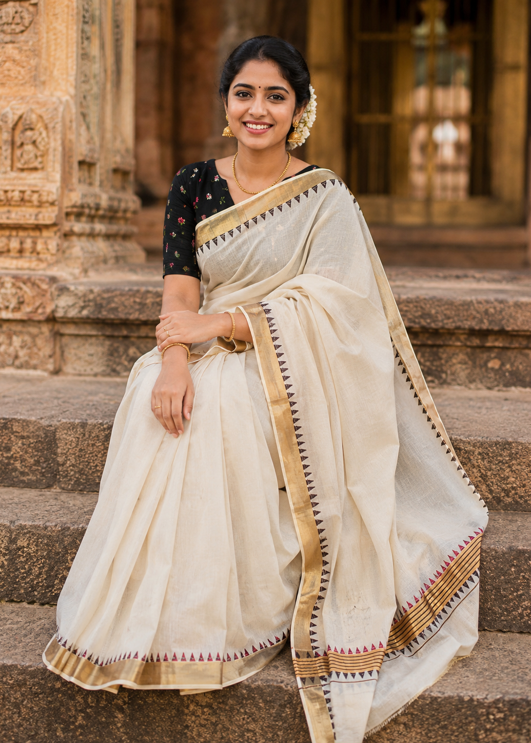 Kerala Cotton Temple Border With Golden Kasavu  Saree SL531
