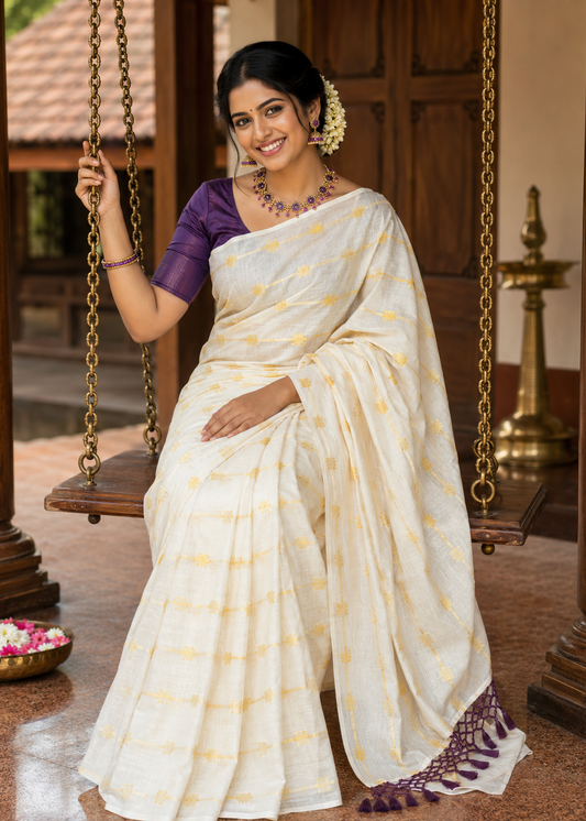 Southloom Kerala Cotton Lotus Design Saree With Purple Tassels SL532