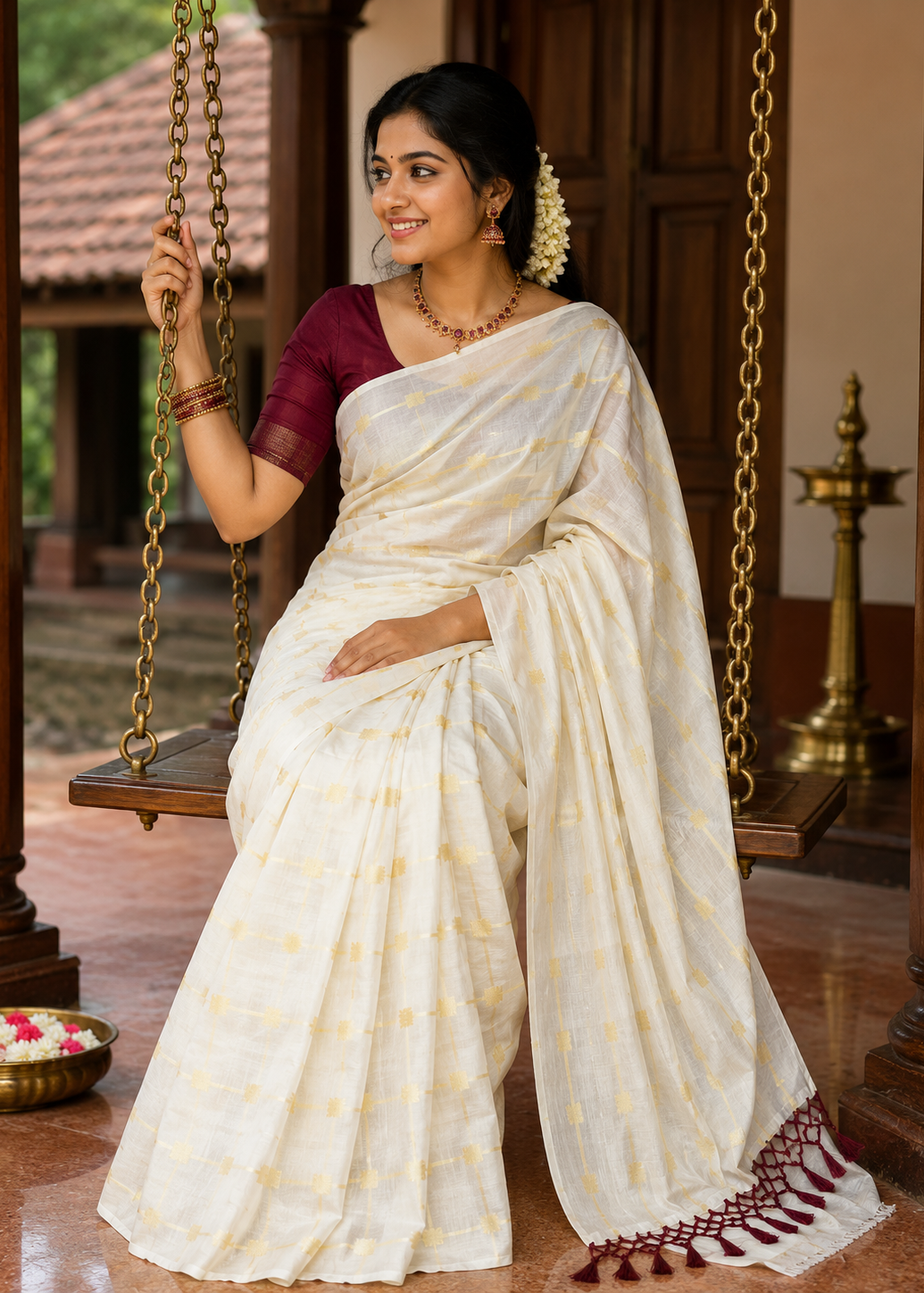 Southloom Kerala Cotton Lotus Design Saree With Maroon Tassels SL532