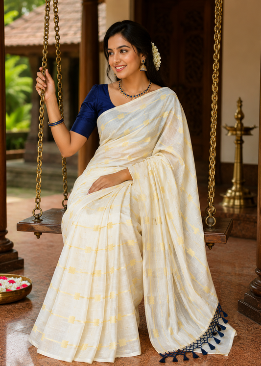 Southloom Kerala Cotton Lotus Design Saree With Blue Tassels SL532