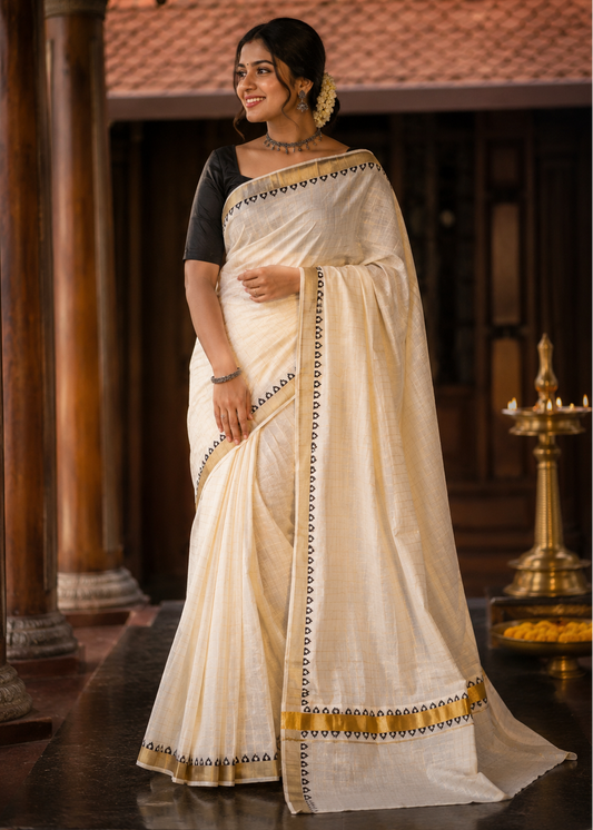 Southloom Kerala Cotton Temple Printed Saree With Check On The Body SL540