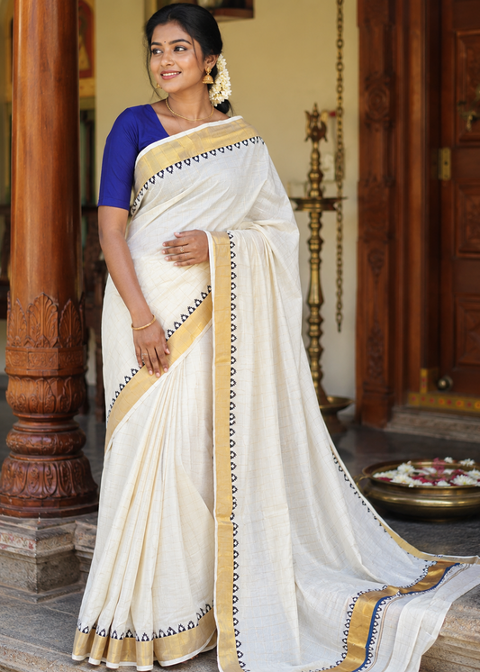 Kerala Cotton Check Saree With Temple Design And Golden Kasavu SL545