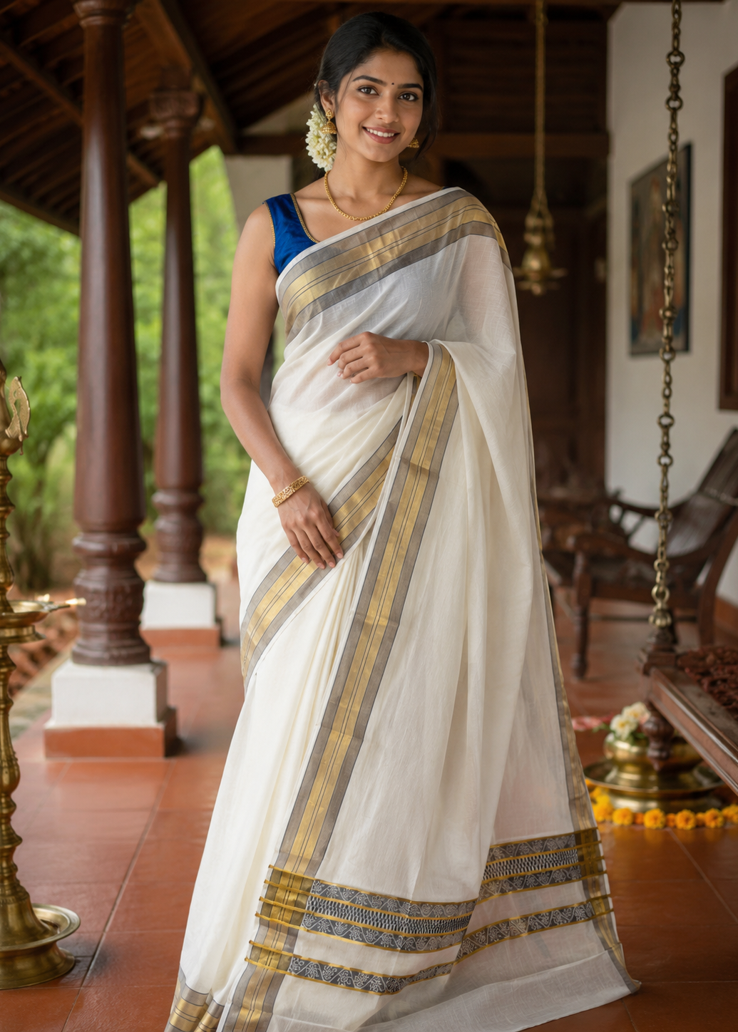 Southloom Kerala Cotton Saree With Rani Pink Borders SL560