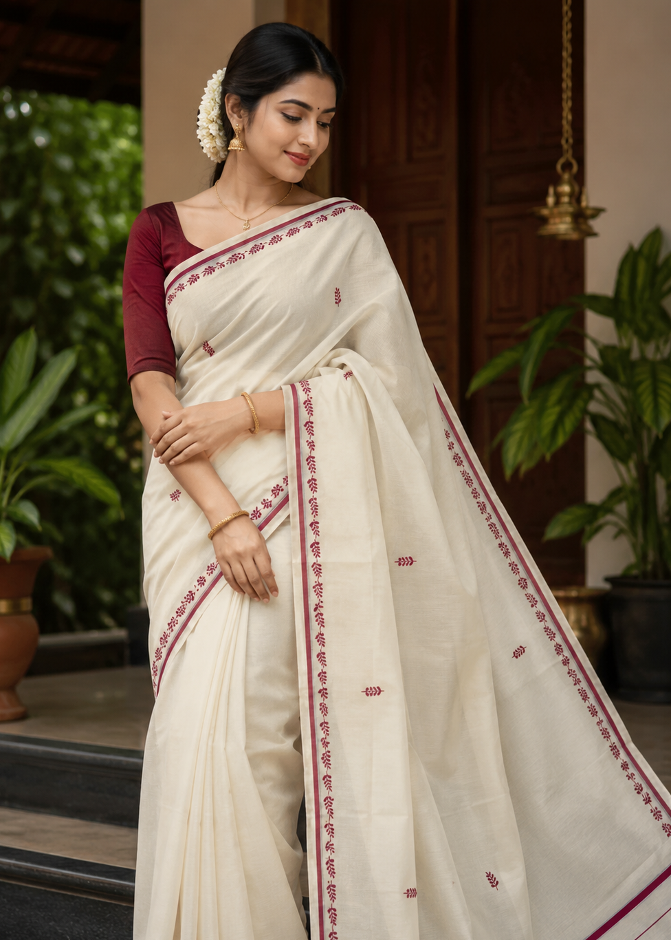 Southloom Cotton Kerala Saree With Maroon Prints On Border SL501