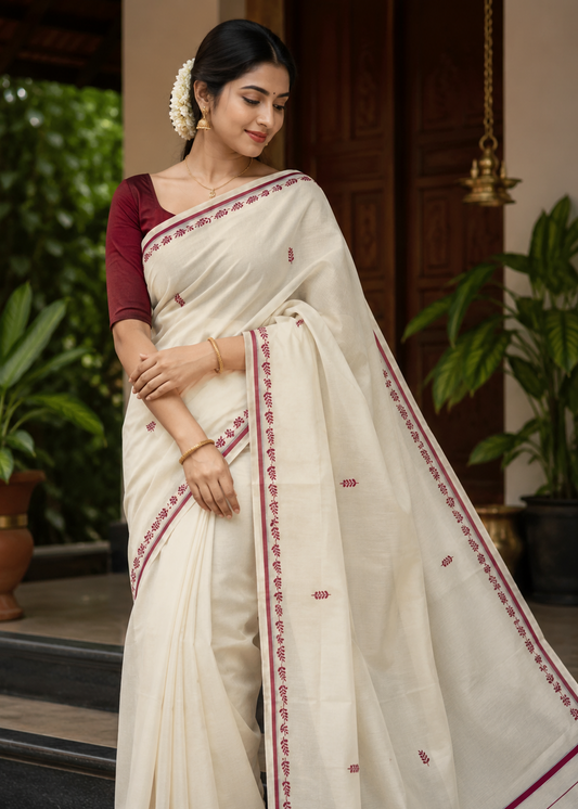Southloom Cotton Kerala Saree With Maroon Prints On Border SL501