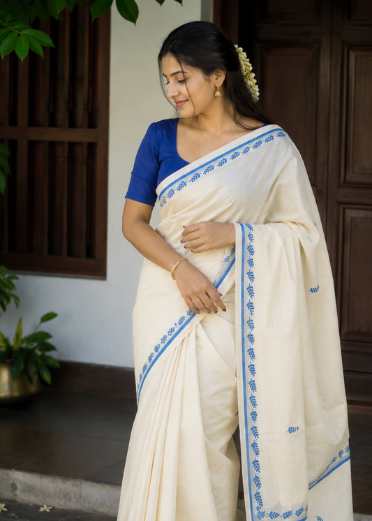 Southloom Cotton Kerala Saree With Turquoise Prints On Border SL501