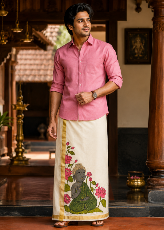 Kerala Cotton Handpainted Dhoti ( Double Mundu ) SL330