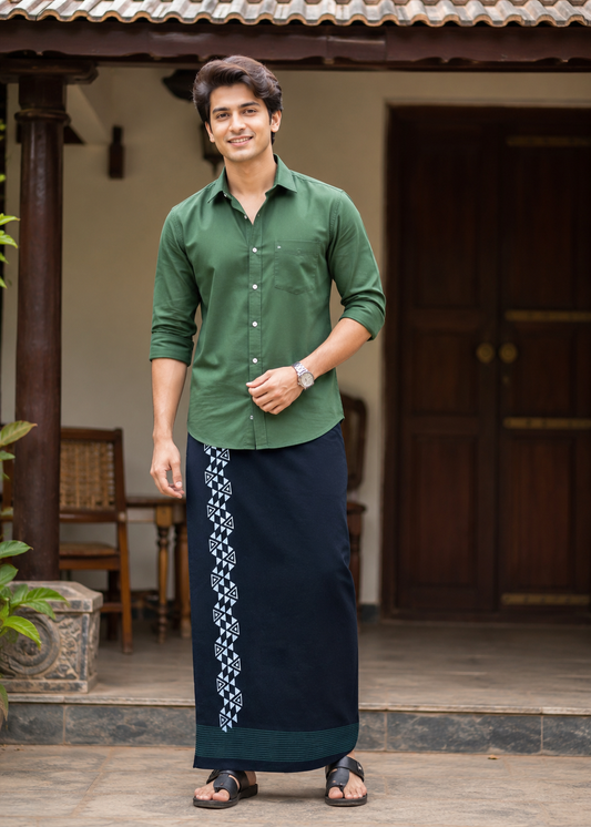 Southloom Black Printed Single Mundu / Otta Mundu / Lungi (South Indian Kerala Dhoti)