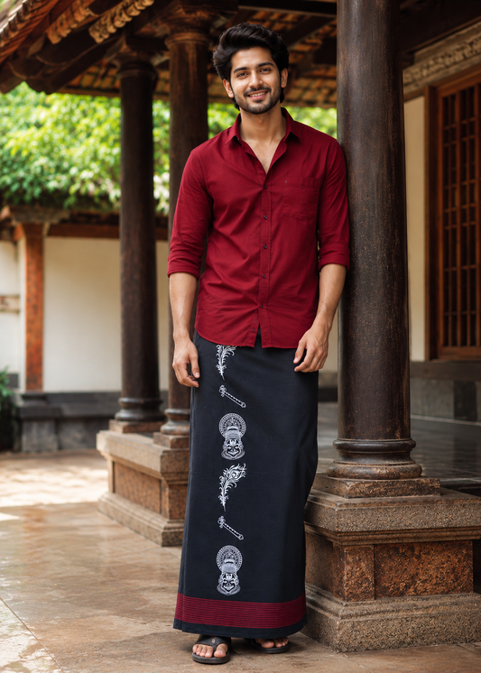Southloom Black Printed Single Mundu / Otta Mundu / Lungi (South Indian Kerala Dhoti)