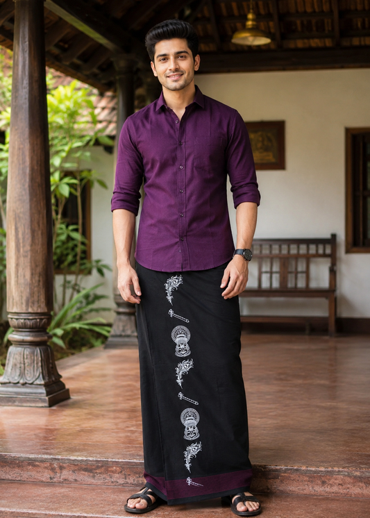Southloom Black Printed Single Mundu / Otta Mundu / Lungi (South Indian Kerala Dhoti)
