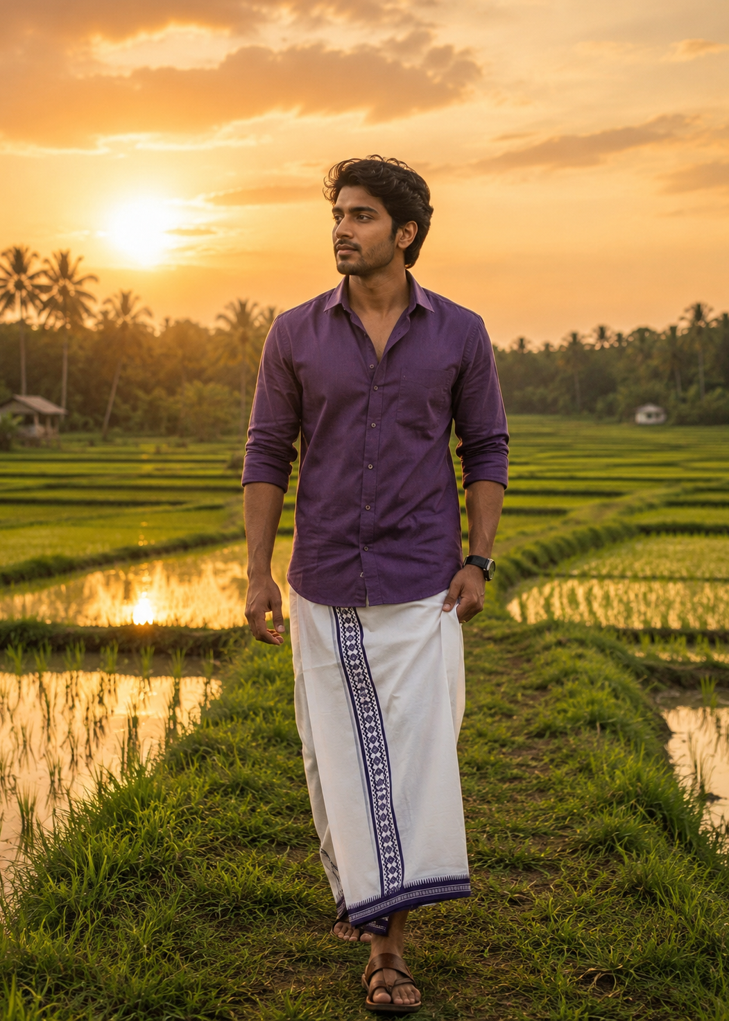 Pure White Single Dhoti With Violet Colour Print SL319