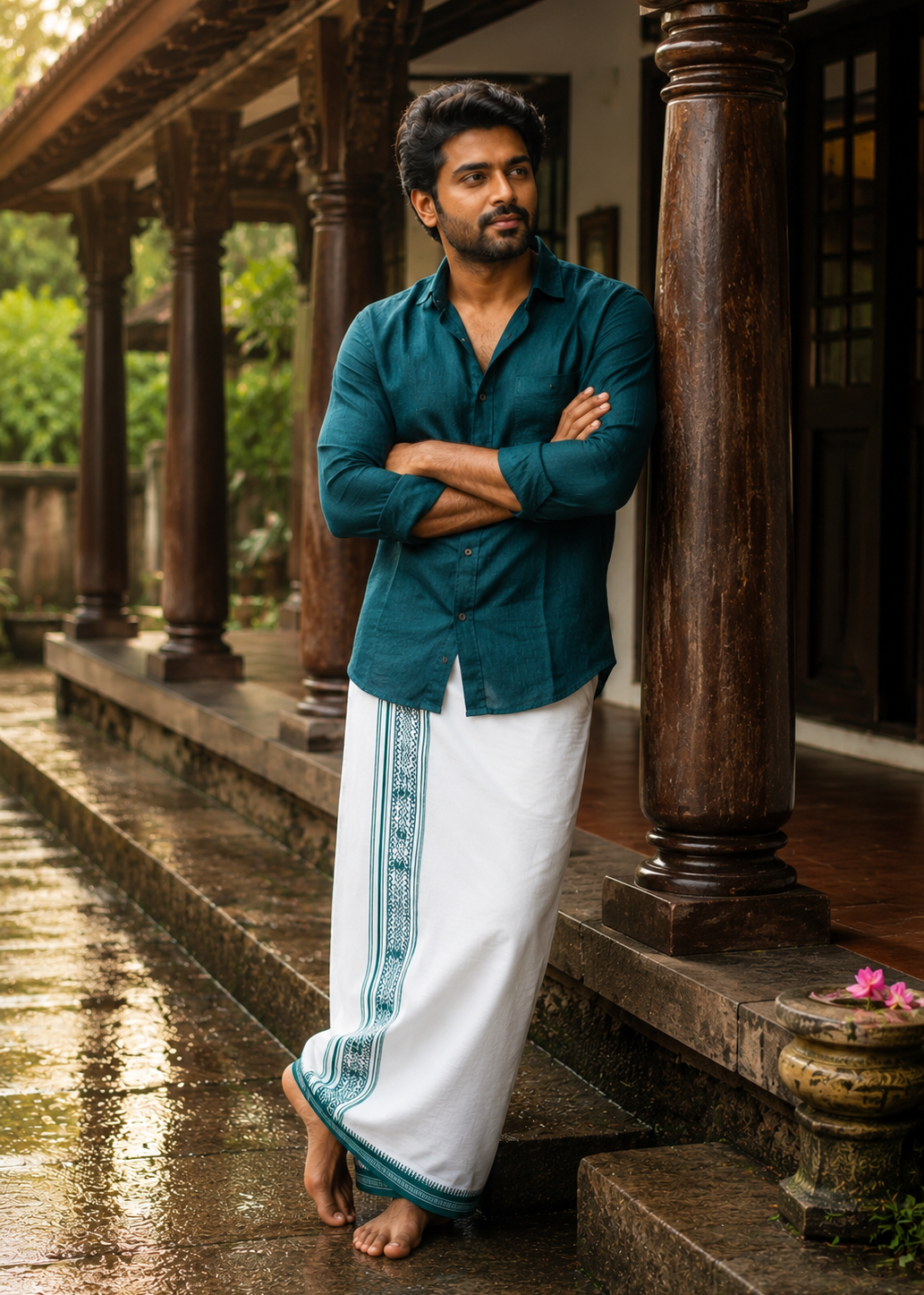 Pure White Single Dhoti With Blue Colour Print SL319