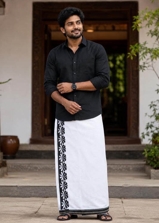 Pure White Single Dhoti With Black Colour Print SL319