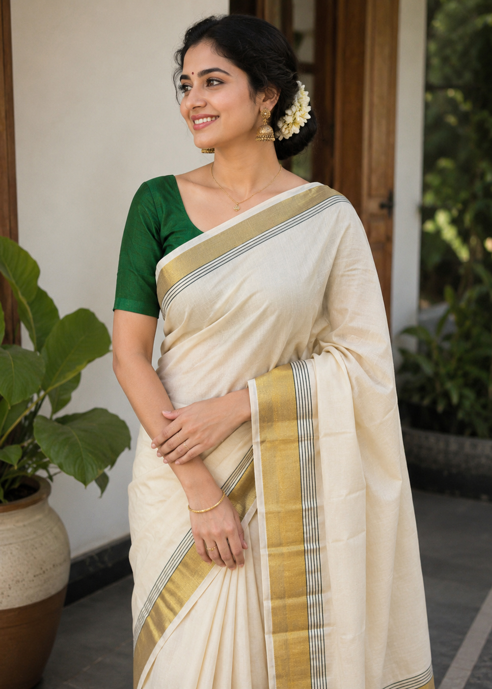 Kerala Cotton Plain Body With Golden Kasavu Border Saree SL473