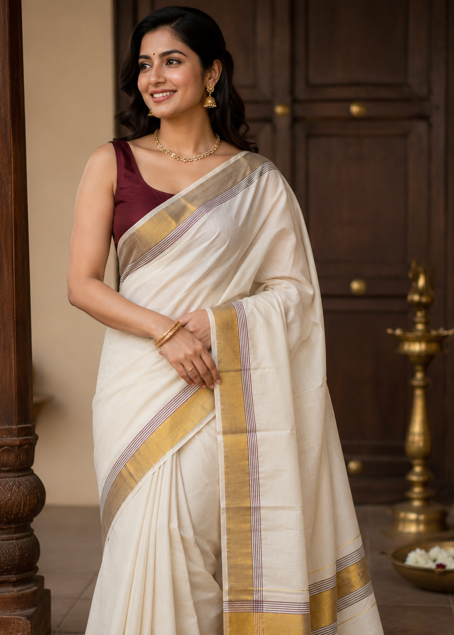 Kerala Cotton Plain Body With Golden Kasavu Border Saree SL473