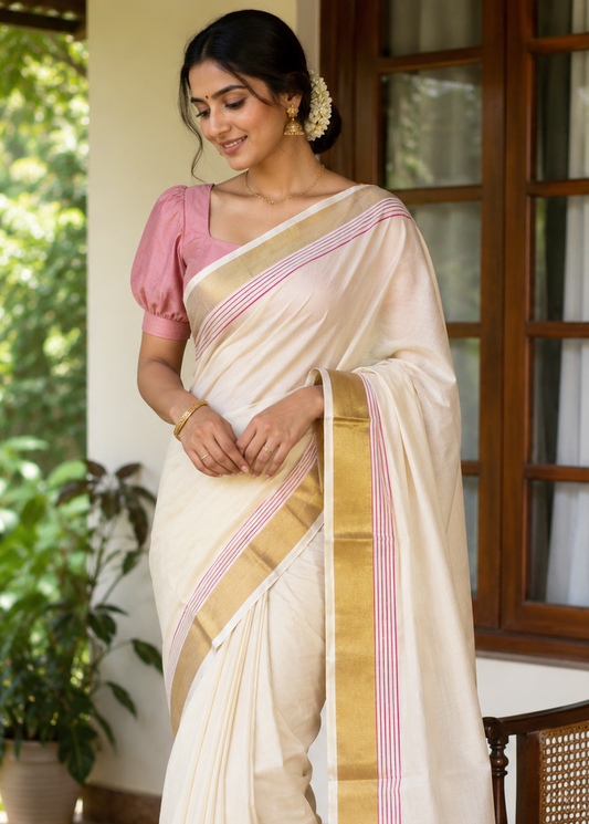 Kerala Cotton Plain Body With Golden Kasavu Border Saree SL473