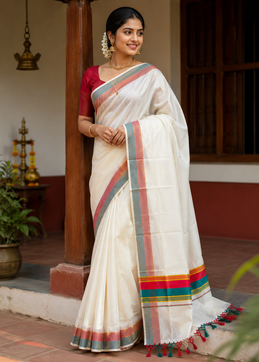 Kerala Cotton Kasavu With Red & Green Colour Border Saree SL499
