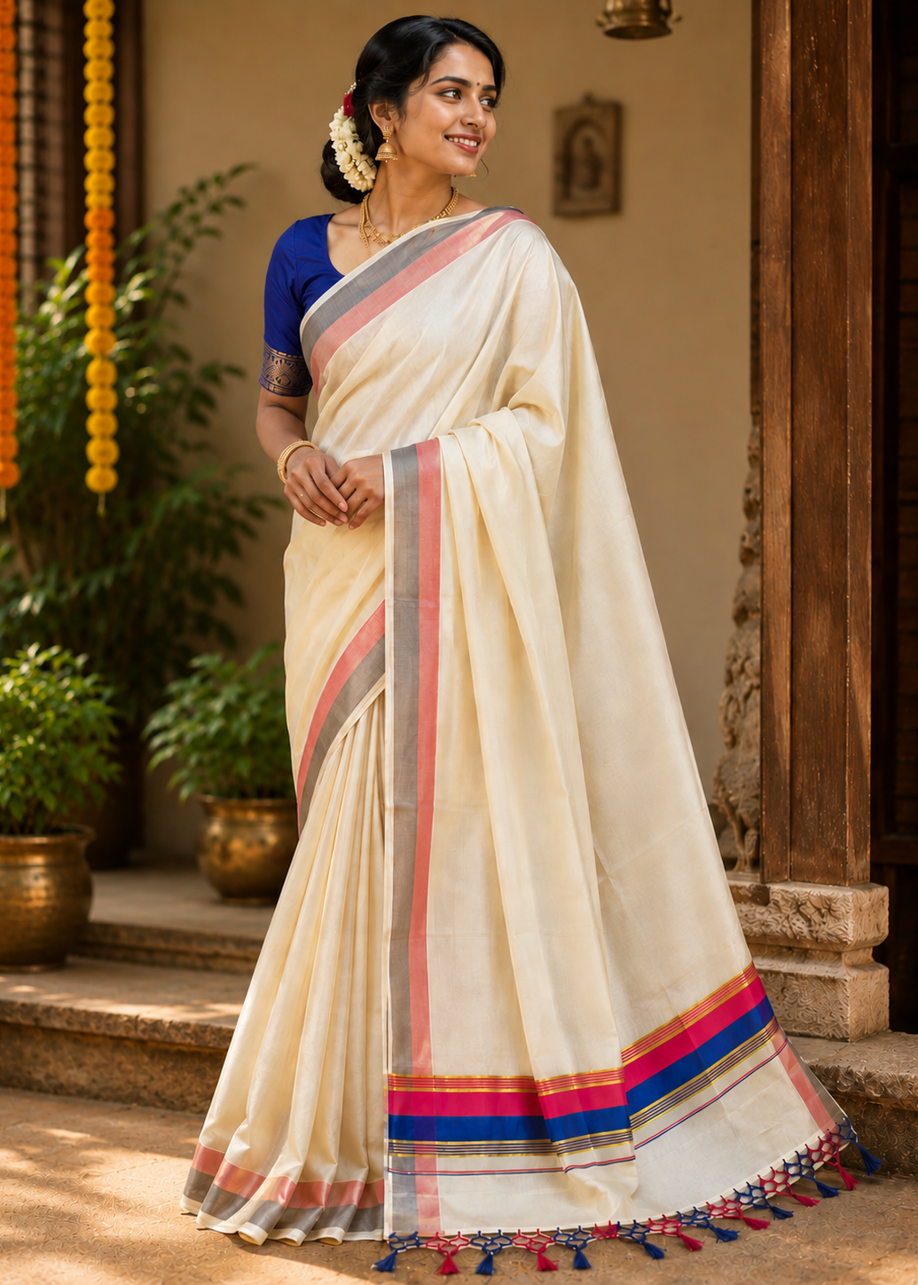 Kerala Cotton Kasavu With Royal Blue & Pink Colour Border Saree SL499
