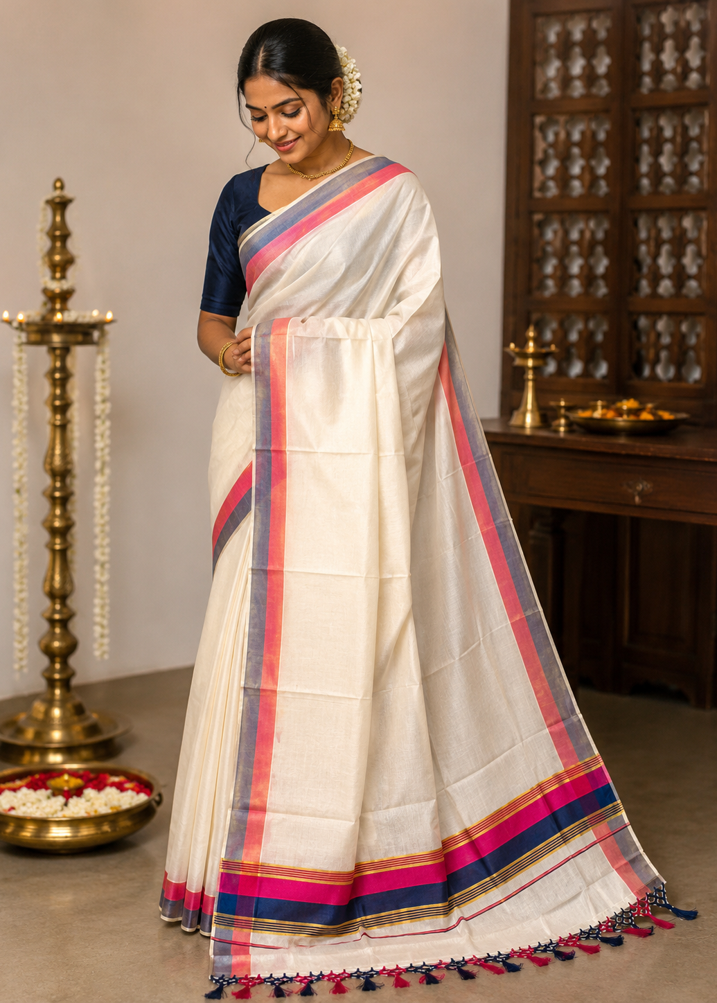 Kerala Cotton Kasavu With Blue & Pink Colour Border Saree SL499