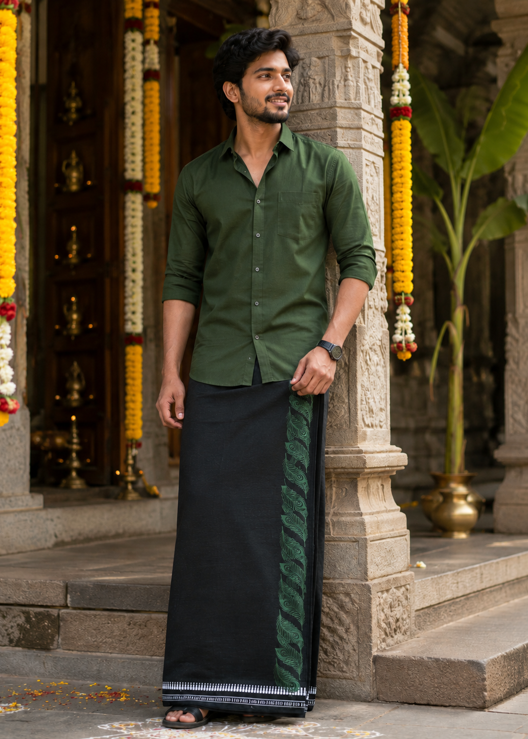 Black Printed Single Dhoti / Otta Mundu SL319