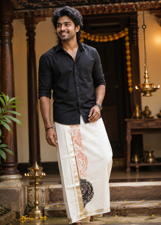 Lion Handpainted Cotton Mundu SL330