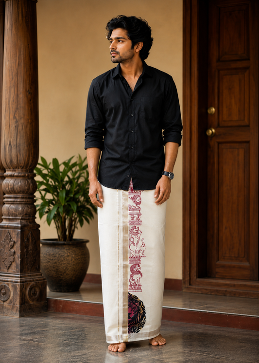 Lion Handpainted Cotton Mundu SL330